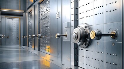 Aufkleber - A reinforced industrial style vault with thick metal doors and large heavy duty locking mechanisms creating a high security environment for valuable or confidential assets