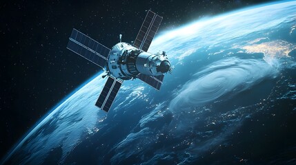 Aufkleber - A satellite orbiting Earth equipped with advanced radar technology surveys the planet s atmosphere with a striking cosmic visual effect against the backdrop of the dark universe