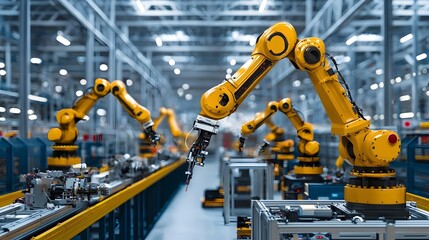 Leinwandbilder - A scene of a highly automated industrial facility featuring multiple robotic arms working in sync to efficiently manufacture products on an assembly line