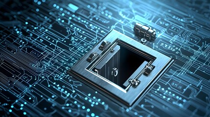 Poster - A secure vault door opens to reveal a complex digital grid representing the advanced technological measures taken to protect sensitive data and information