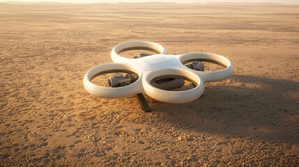 Fototapete - A sleek advanced quadcopter drone equipped with cutting edge sensors and hovers silently over the arid desert ready to gather valuable data and monitor the local environment