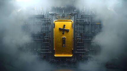 Poster - A sleek golden safe stands out against a complex futuristic background of industrial and circuits exuding a sense of exclusivity and protection for valuable assets