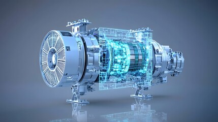 Poster - A sleek high tech electric motor with advanced digital hologram displays showcasing its energy efficient performance and innovative engineering design
