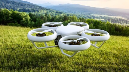 Poster - A sleek multi rotor drone designed for advanced environmental monitoring and data collection in remote natural landscapes