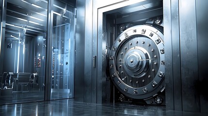 Poster - A slow motion view of a large heavy vault door gradually opening to reveal the interior space beyond