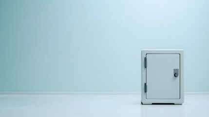 Poster - A small modern home safe positioned on a plain white surface showcasing a minimalist and secure storage solution