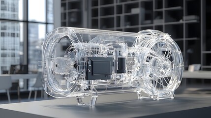 Fototapete - A transparent casing reveals the inner workings of an electric bicycle motor displaying the intricate gears battery engineering behind this eco friendly transportation technology