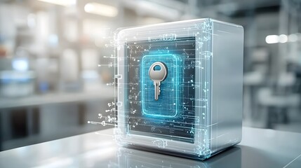 Poster - A transparent cube shaped holographic safe being unlocked by a virtual digital key showcasing advanced security and encryption technology