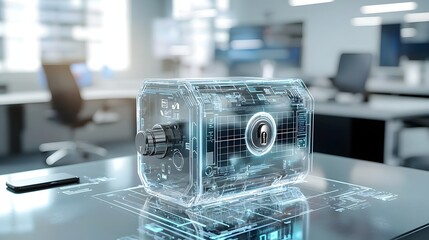 Poster - A transparent high tech safe is displayed on a minimalist desk with a digital grid overlay suggesting advanced security features and a futuristic aesthetic
