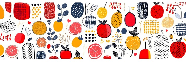 Poster - A vibrant and playful background featuring a repeating pattern of stylized geometric fruit and botanical shapes in a bold color palette
