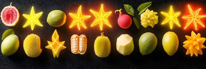 Poster - A vibrant arrangement of tropical glowing exotic fruits like starfruit jackfruit and dragonfruit against a dark background creating a modern luminous display