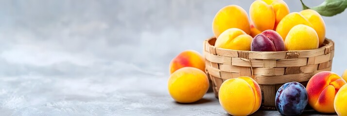 Poster - A wooden basket brimming with an abundant harvest of ripe juicy peaches and plums against a natural earthy background