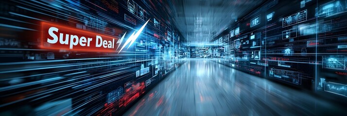 Poster - Abstract background depicting a high speed technologically advanced digital shopping environment with a vibrant  Super Deal  lightning effect cutting through the scene
