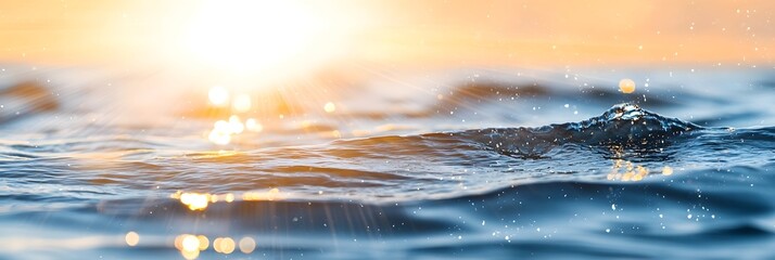 Poster - Abstract seascape scene featuring a glowing sunset with rays of light reflecting on the rippling ocean surface