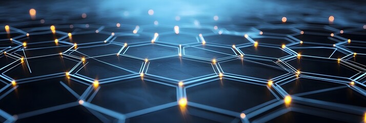 Fototapete - Abstract futuristic background featuring a dynamic network of interconnected hexagonal nodes with glowing lines illuminating the geometric structure