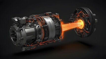 Fototapete - Advanced electric motor designed for high performance aerospace applications with a glowing thrust representation