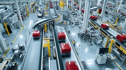 Poster - Aerial perspective showcasing the complex and automated conveyor systems in a bustling industrial manufacturing facility