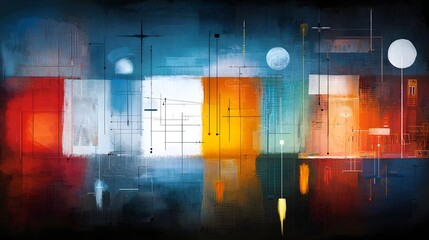 Aufkleber - An abstract conceptual interpretation of radar waves dynamically bouncing off and interacting with various surfaces represented through a vibrant geometric composition of shapes lines