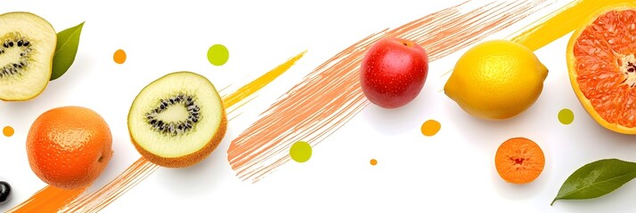 Poster - An composition of various fresh fruits including citrus and kiwi creatively combined with abstract brush strokes in warm tones to create a visually appealing and textured background
