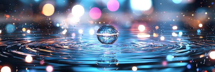 Poster - Captivating close up of rippling water surface reflecting a mesmerizing array of colorful shimmering light and sparkling bokeh effects