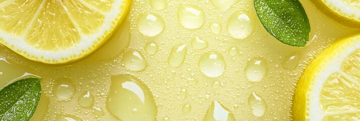 Poster - Close up of fresh lemon and lime slices with water droplets on a chilled glass creating a refreshing and vibrant background