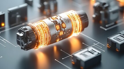 Fototapete - Close up view of a brushless DC motor with a glowing illuminated coil symbolizing the dynamic transfer of electrical energy through the device