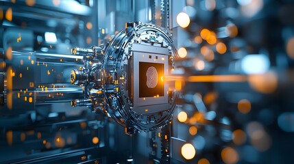 Poster - Close up view of a complex biometric scanning system that utilizes advanced technology to securely unlock and access a state of the art safe