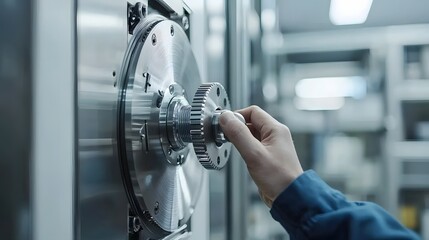 Aufkleber - Close up view of a sturdy steel vault wheel handle being manually turned symbolizing security access control and the protection of valuable assets