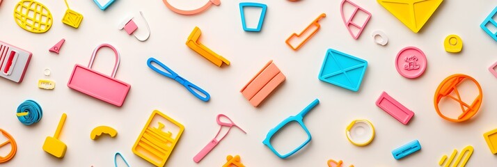 Aufkleber - Colorful and dynamic abstract background featuring an assortment of stylized neon hued product icons and shapes scattered across a soft gradient surface