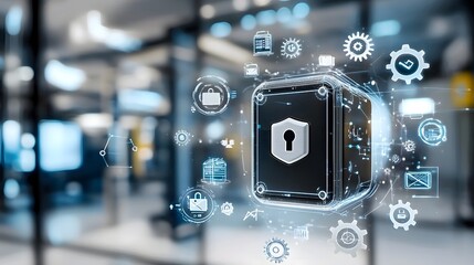 Leinwandbilder - Conceptual background showcasing a floating safe surrounded by various digital security icons and symbols representing the importance of cybersecurity in the technological landscape