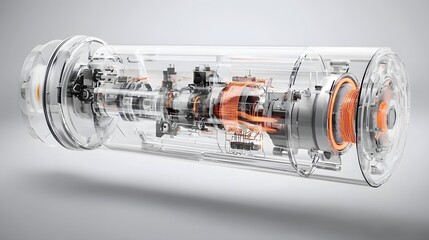Fototapete - Cutaway view of a sleek advanced electric motor concept with a transparent casing revealing the intricate inner workings and magnetic fields that power its mechanics
