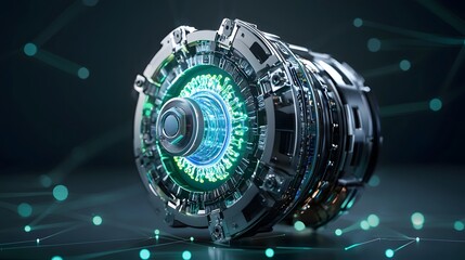 Aufkleber - Cutting edge compact hydrogen powered electric motor generating glowing blue and green plasma energy showcasing advanced technological engineering and innovation