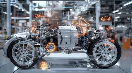 Leinwandbilder - Detailed cutaway view showcasing the inner workings and key components of a futuristic electric vehicle motor highlighted by a sleek holographic interface display