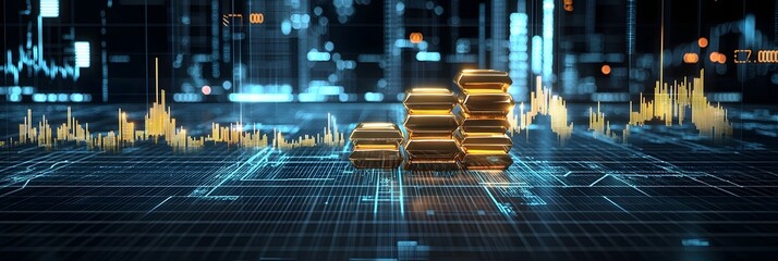 Leinwandbilder - Elegant stacks of golden bars set against a futuristic backdrop of financial data visualizations and glowing grid patterns suggesting a luxurious and technologically advanced financial landscape