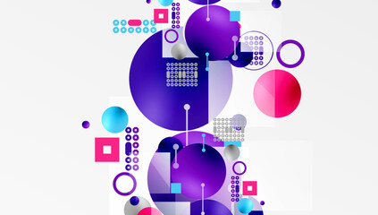 Poster - Minimalistic abstract vector design, layered geometric shapes circles, squares, and triangles with soft pastel gradients and semi-transparent effects. Perfect for contemporary use