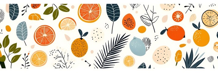 Aufkleber - Festive background featuring a lively pattern of various citrus fruits palm leaves and other tropical foliage elements in a bright cheerful color palette
