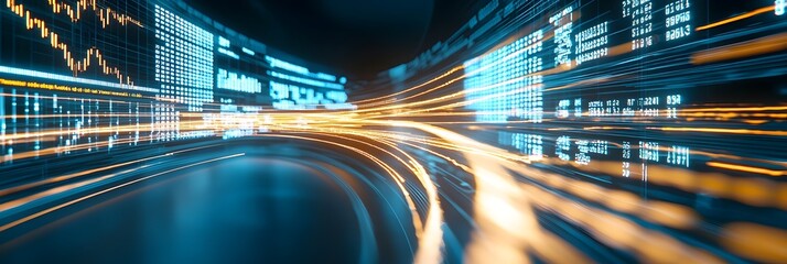 Leinwandbilder - Futuristic abstract background depicting the fast paced world of financial data analysis with golden light trails weaving through live charts and digital information