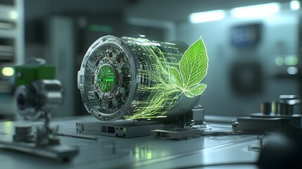 Fototapete - Futuristic and innovative of a green energy motor with electromagnetic waves intertwining to create a leaf like design symbolizing the connection between technology and nature s renewable power