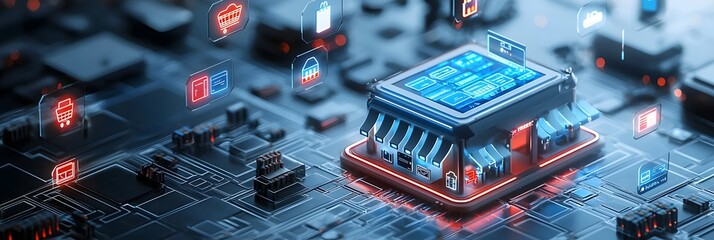 Poster - Futuristic digital marketplace with glowing floating icons representing various products and services in a high tech abstract interface