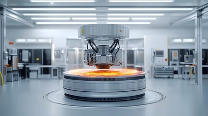 Poster - Futuristic sci fi concept of an electric motor levitating in a high tech laboratory environment surrounded by a luminous plasma energy field