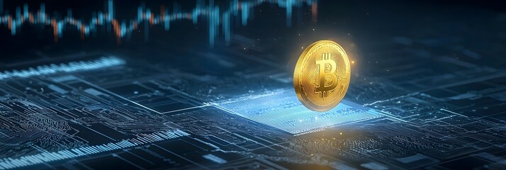 Poster - Glowing golden Bitcoin cryptocurrency coin floating in a futuristic data driven trading landscape with charts and graphs