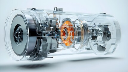 Fototapete - Innovative transparent electric motor design showcasing its intricate inner workings including rotors turbines and electromagnetic fields