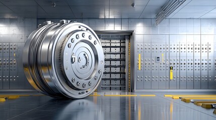 Poster - Interior view of a classic bank vault with large metallic doors reinforced security features and a high tech locking mechanism for protecting valuable assets and financial resources