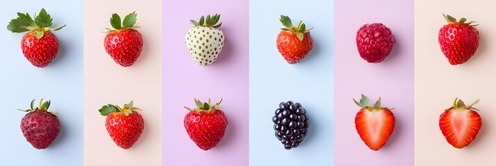 Poster - Neatly arranged flat lay of vibrant ripe summer berries including strawberries raspberries and blackberries on a pastel colored background