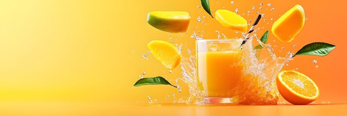 Poster - Refreshing background showcasing a glass filled with a vibrant splash of freshly squeezed orange juice complemented by floating slices of citrus fruits such as mango lemon and lime