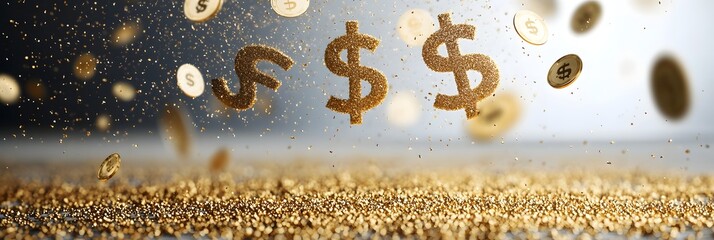 Aufkleber - Shimmering dollar signs currency symbols and golden particles suspended in mid air against a sparkling textured golden background