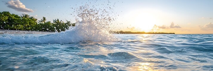 Poster - Stunning slow motion shot of a powerful ocean wave breaking and splashing against the serene horizon under the warm glow of the setting sun