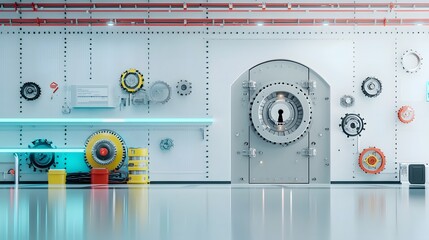 Poster - Sturdy industrial style vault door featuring a complex locking system gears and an array of electronic controls and instrumentation panels