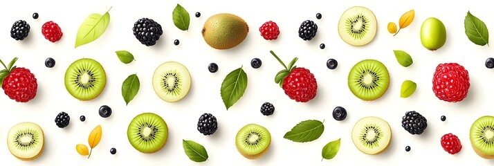 Poster - Textured background featuring a repeating pattern of fresh colorful summer fruits like kiwis raspberries and blackberries along with green leaves