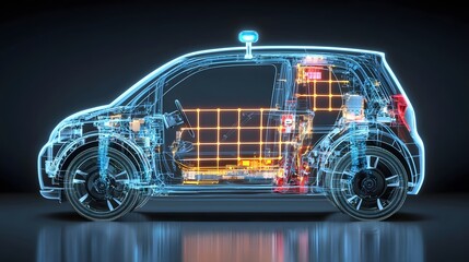 Poster - Transparent wireframe of an autonomous electric vehicle equipped with Lidar technology to map its environment using a neon sensor grid